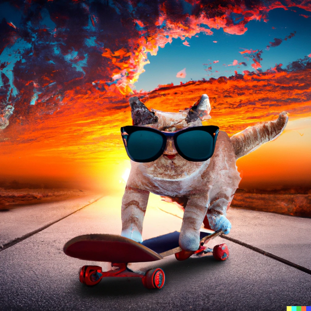 Prompt: A really cool cat with sunglasses riding a skateboard with a beautiful sunset in the background