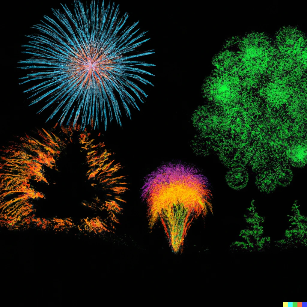 Prompt: Beautiful Mandelbrot set fireworks display, trees and grass in foreground