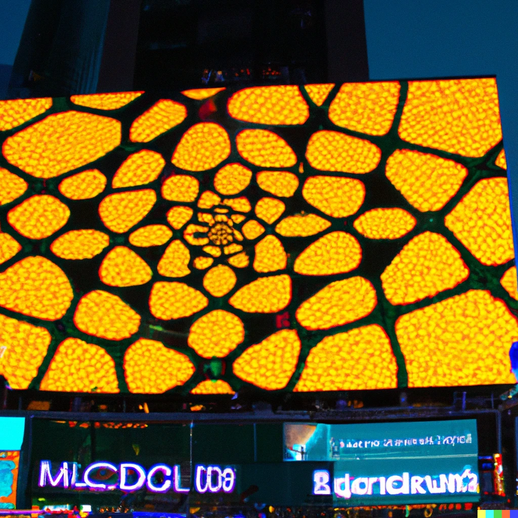 Prompt: A large screen in New York City with an advertisement for the Mandelbrot set