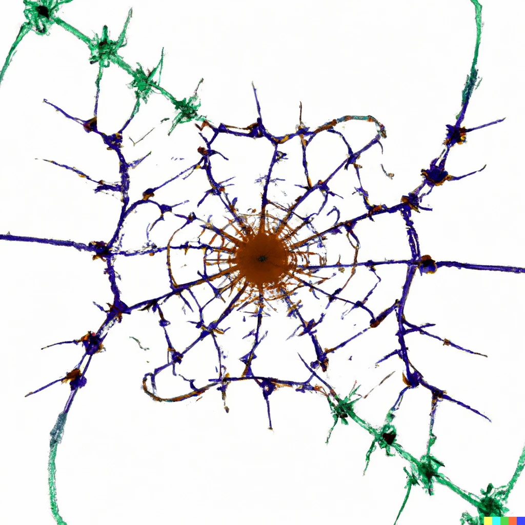 Prompt: A neural network with the Mandelbrot set interwoven betwixt its nodes