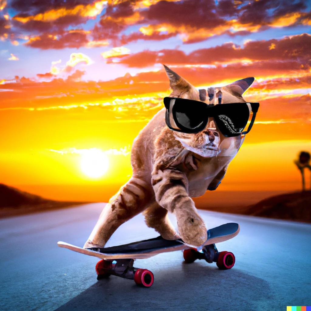 Prompt: A really cool cat with sunglasses riding a skateboard with a beautiful sunset in the background