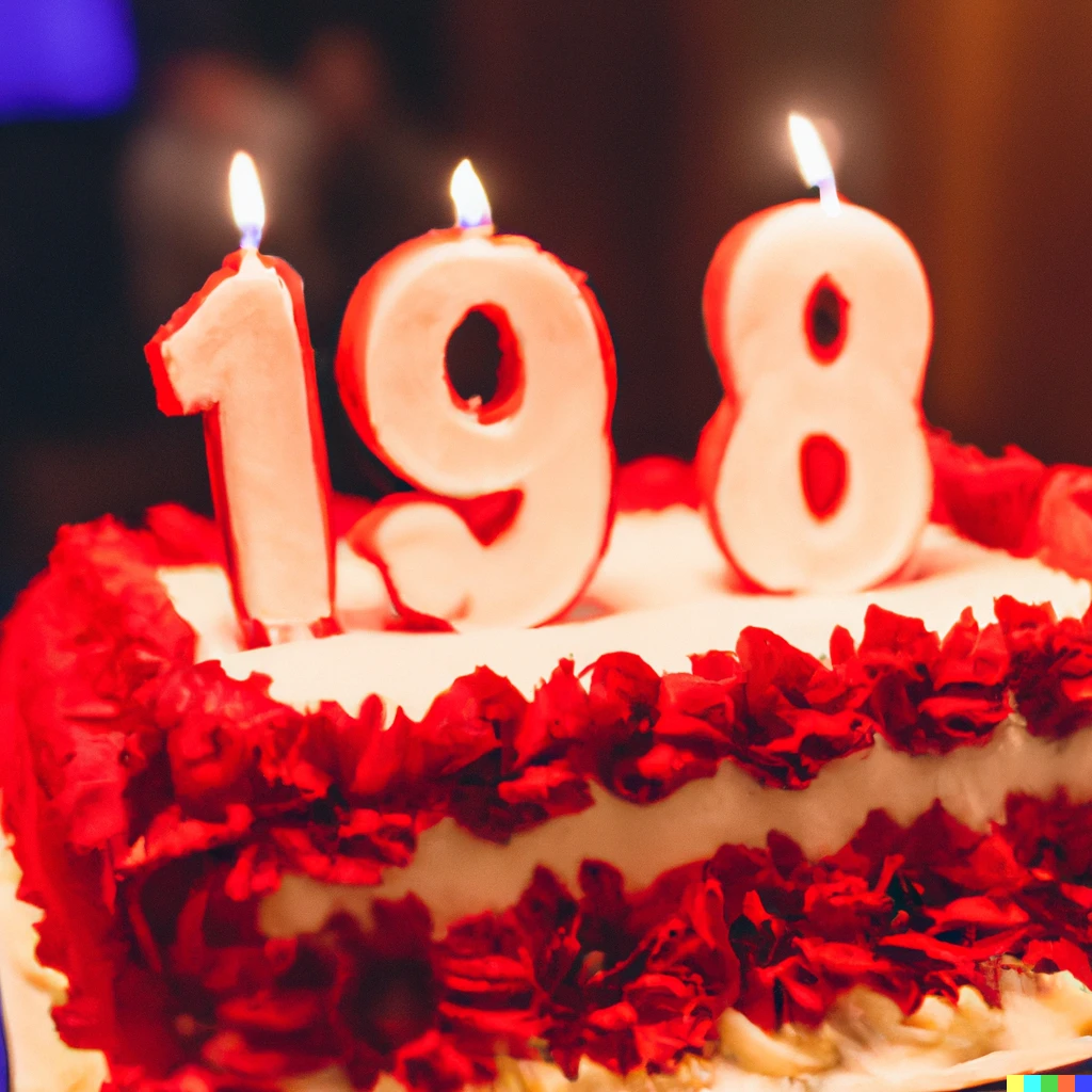 Prompt: Birthday cake with the number 1984 spelled out with candles