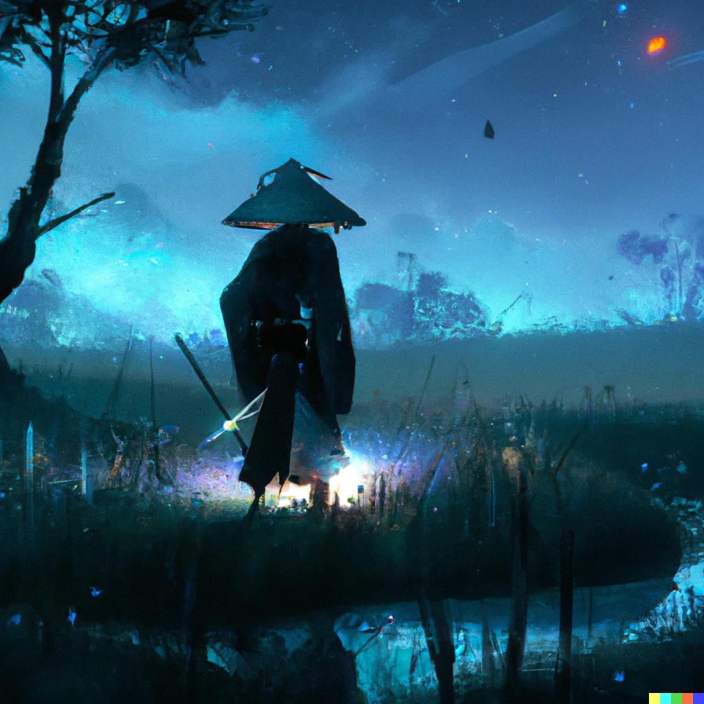 Prompt: "A samurai walking through an open clearing at night, digital art, trending on artstation"