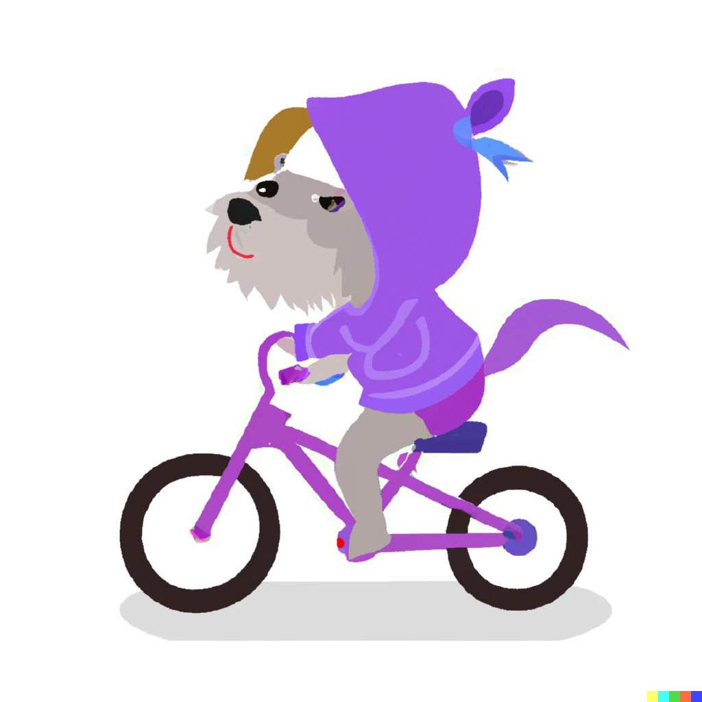 Prompt: A dog with a purple hood cycling on a bike