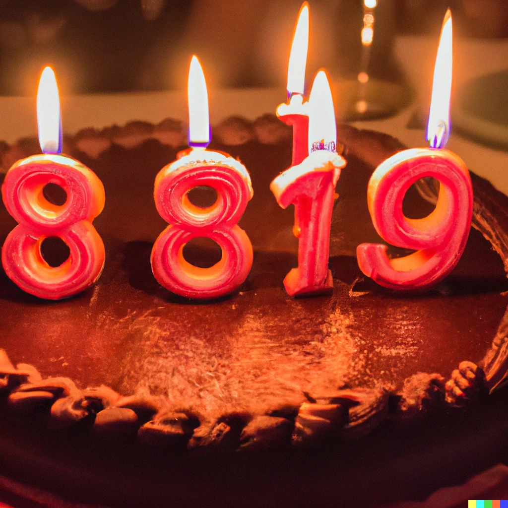 Prompt: Birthday cake with the number 1984 spelled out with candles