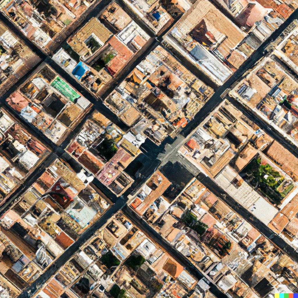 Prompt: Knolling photo of an aerial view of a city