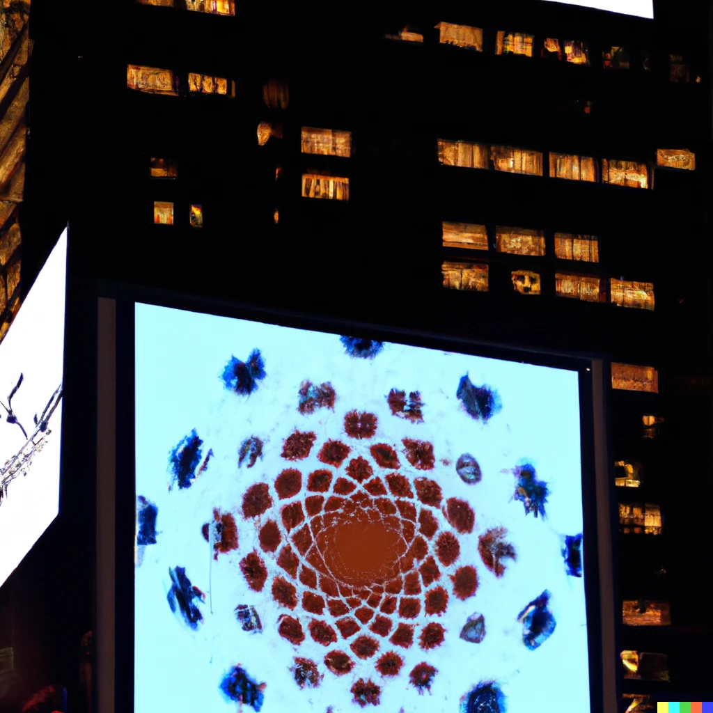 Prompt: A large screen in New York City with an advertisement for the Mandelbrot set
