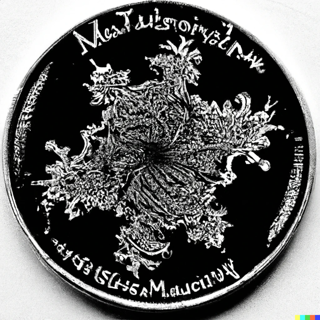 Prompt: The Mandelbrot set engraved on a coin