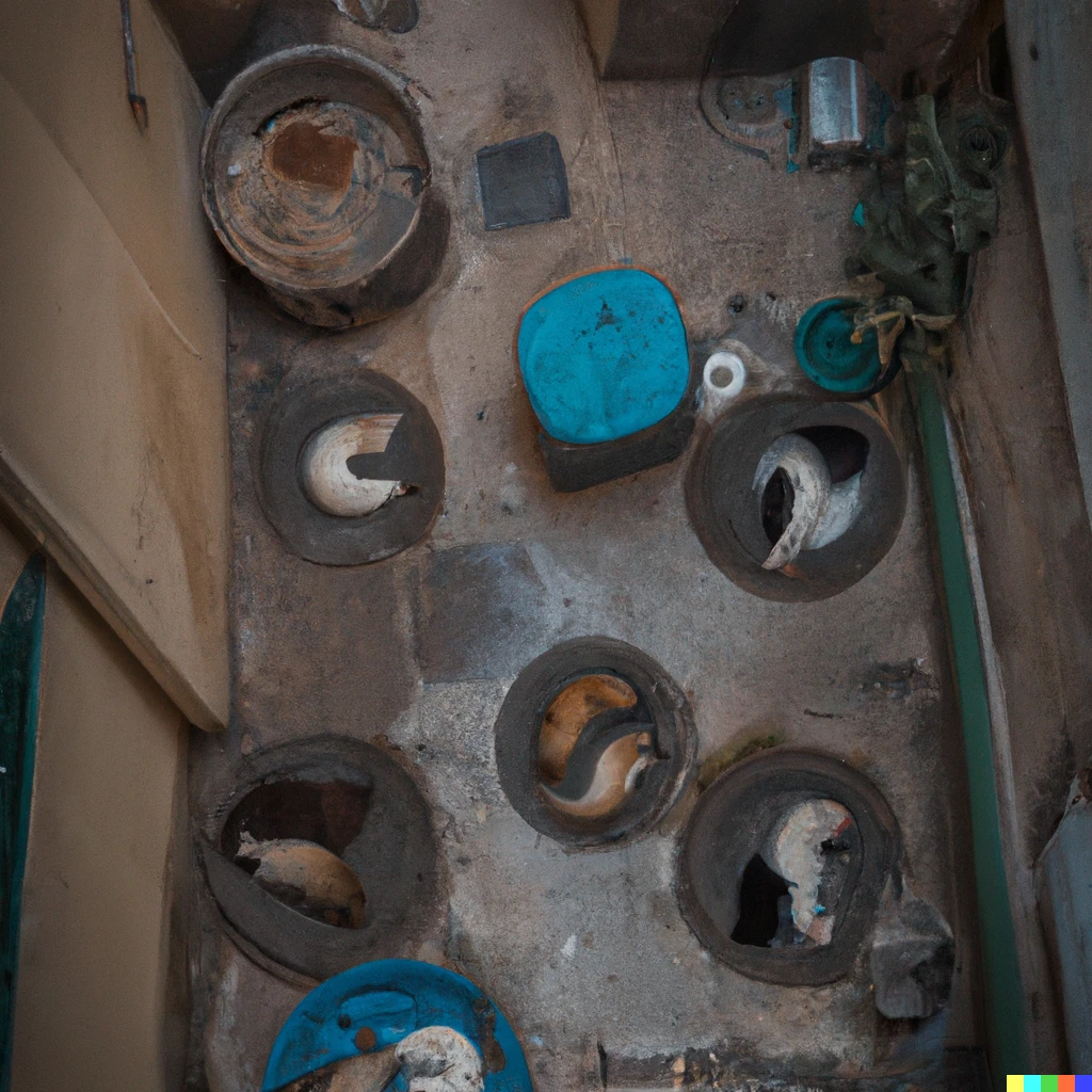 Prompt: Knolling of an alleyway full of cats