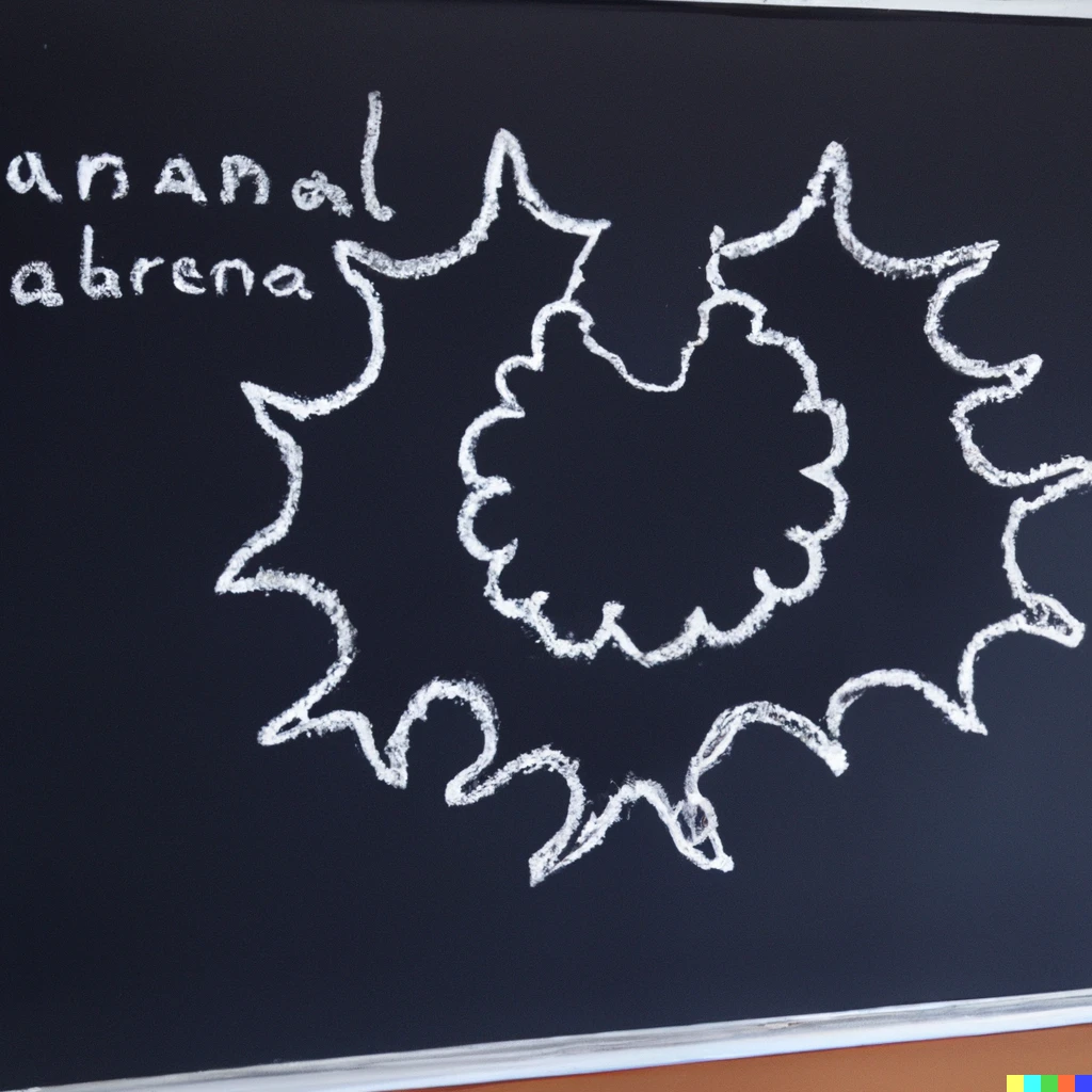 Prompt: Drawing of the Mandelbrot set on a chalkboard in a school