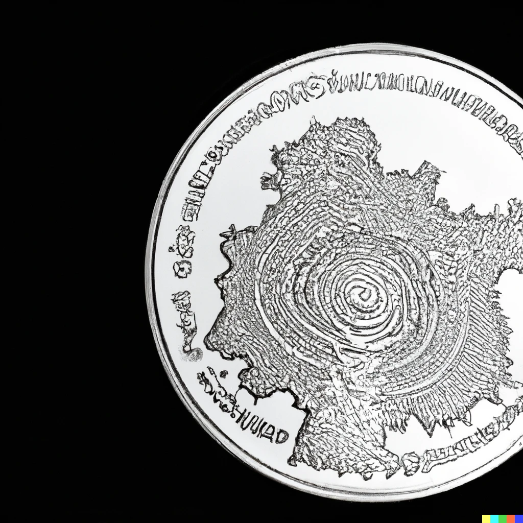 Prompt: The Mandelbrot set engraved on a coin