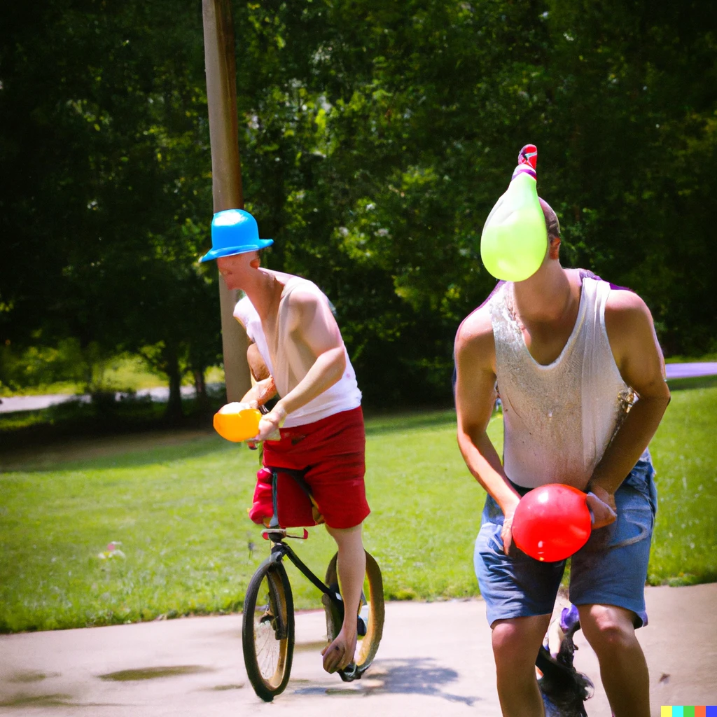 Prompt: An intense water balloon fight on u unicycles 