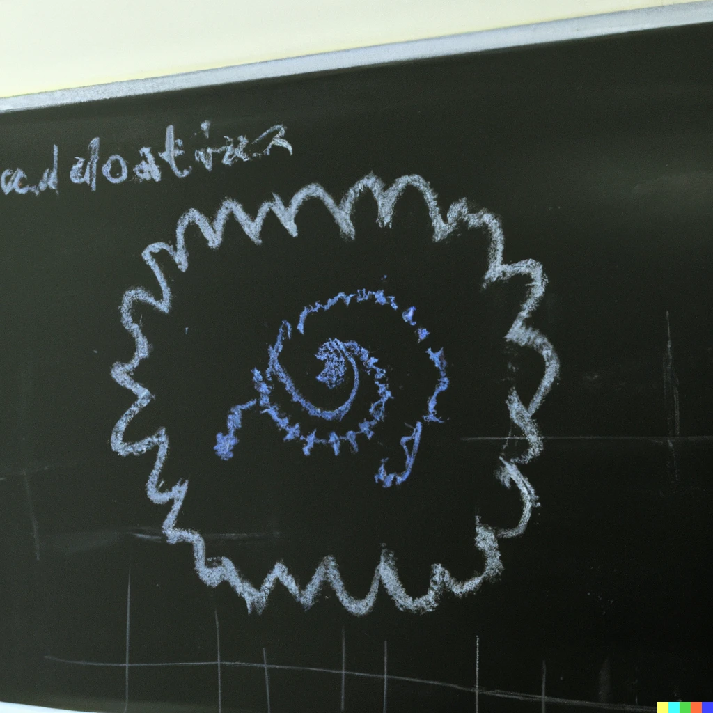 Prompt: Drawing of the Mandelbrot set on a chalkboard in a school