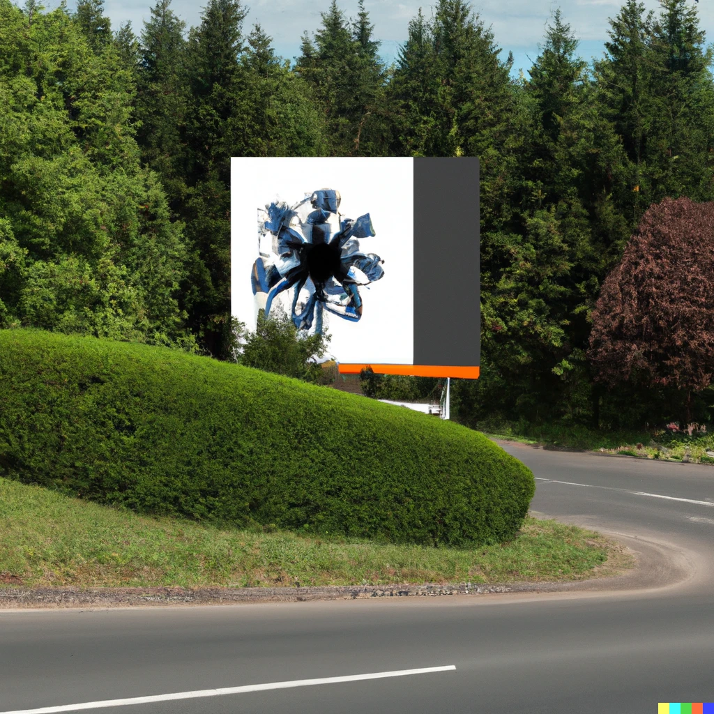 Prompt: Billboard at the side of the road with an advertisement for the Mandelbrot set