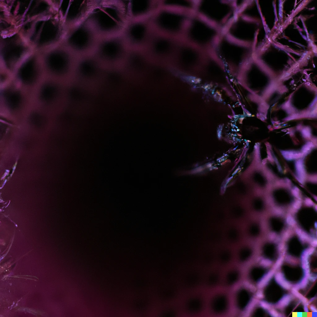 Prompt: Macro shot of the Mandelbrot set capturing a spider