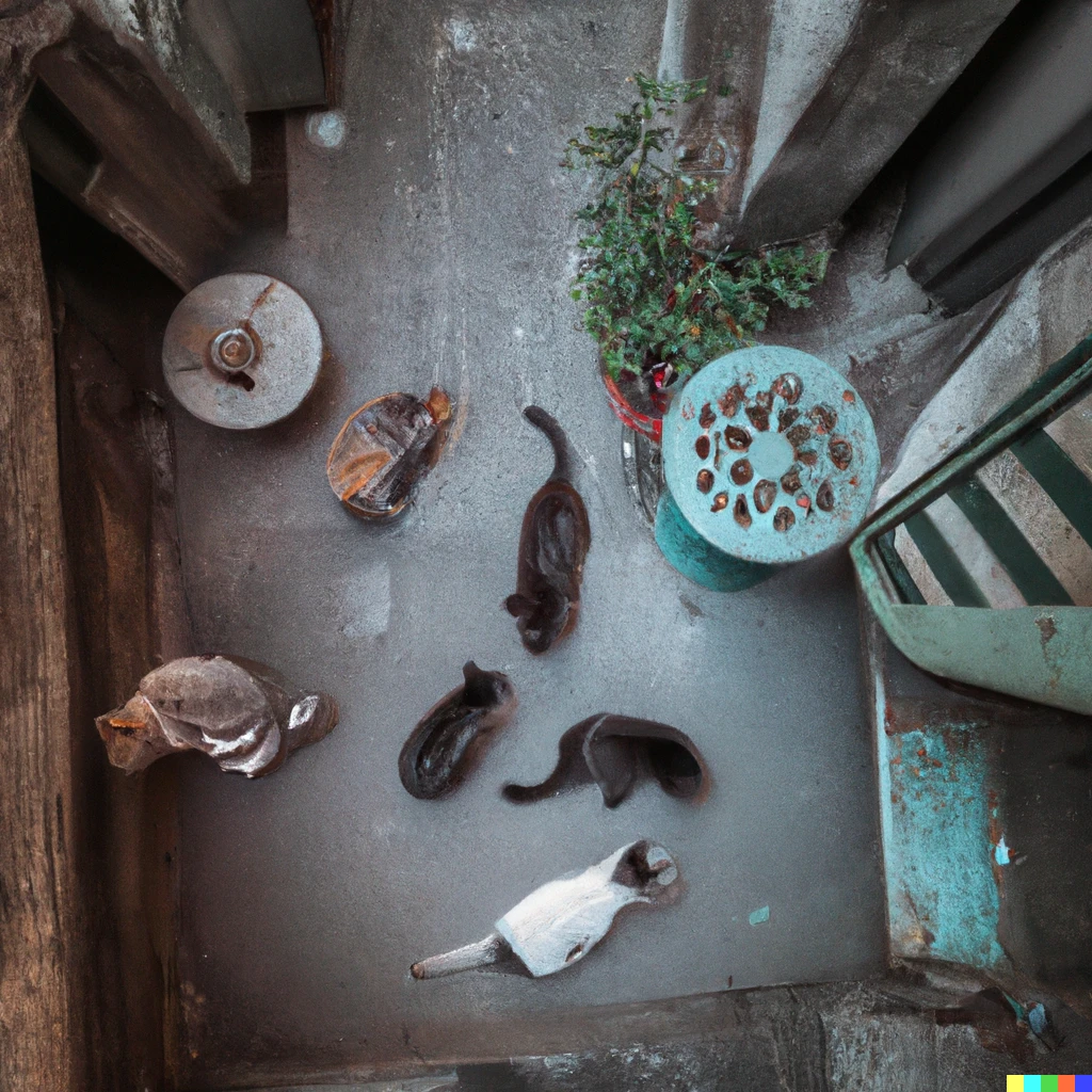 Prompt: Knolling of an alleyway full of cats