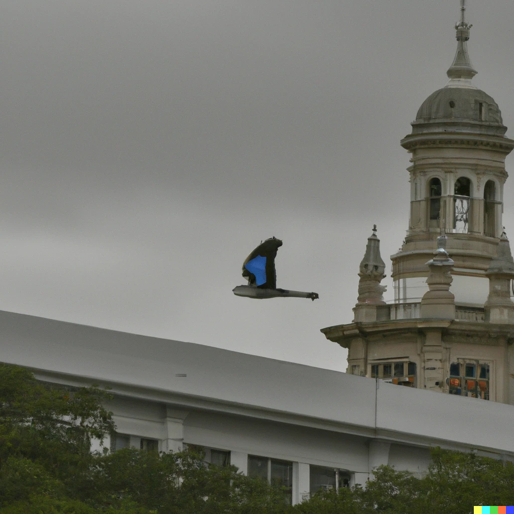 Prompt: Blue bird flying across the sky above a university 
