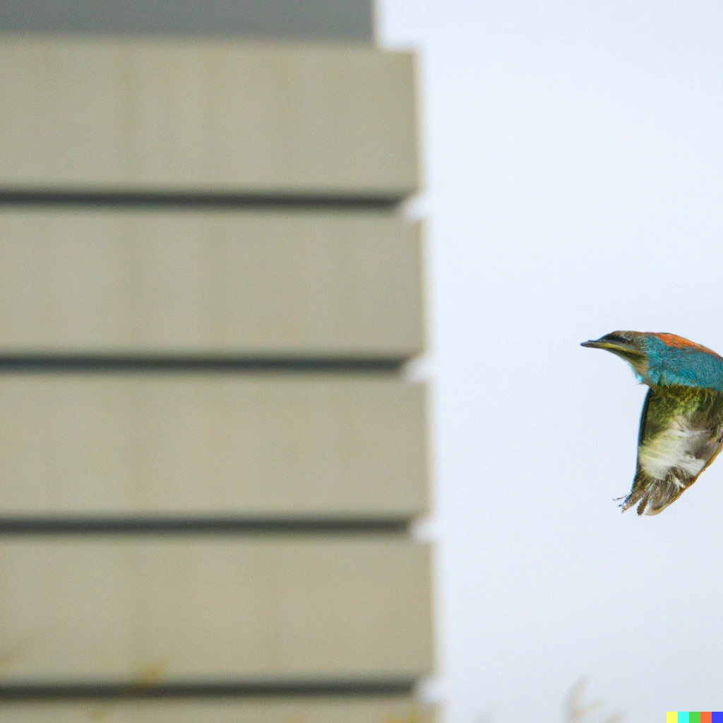 Prompt: Blue bird flying across the sky above a university 