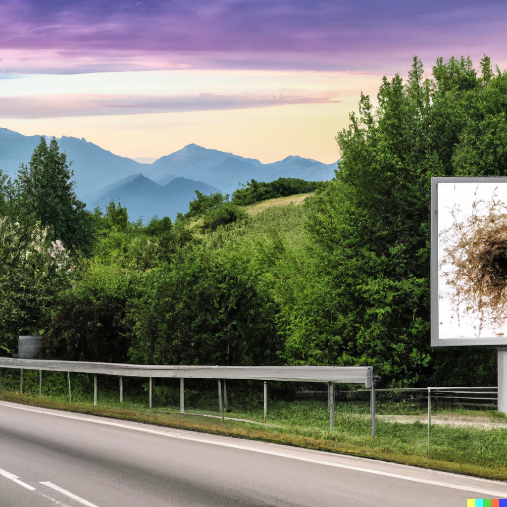 Prompt: Billboard at the side of the road with a beautiful image of the Mandelbrot set