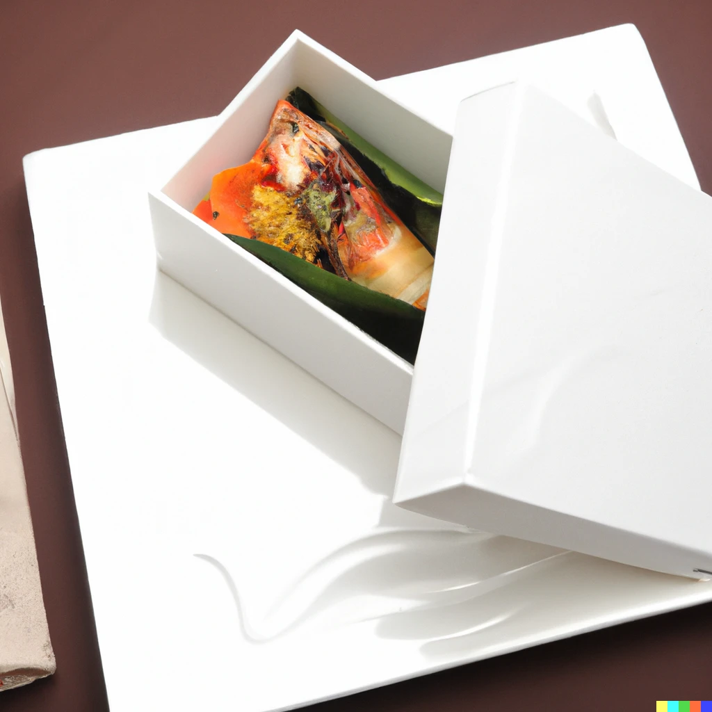 Prompt: Gourmet meal served in a tissue box
