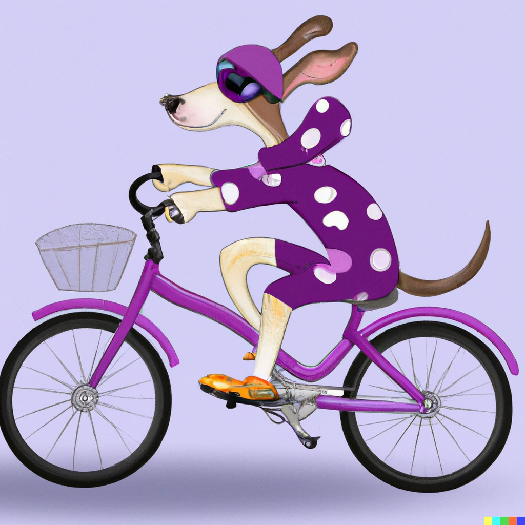 Prompt: A dog with a purple hood cycling on a bike