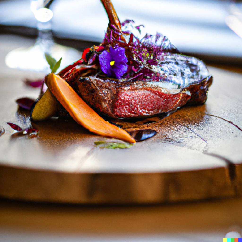 Prompt: Professional food photography of gourmet steak prepared at a 2 Michelin star restaurant 