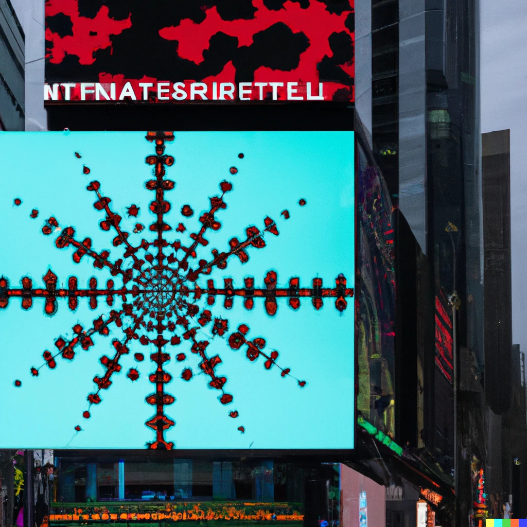 Prompt: A large screen in New York City with an advertisement for the Mandelbrot set