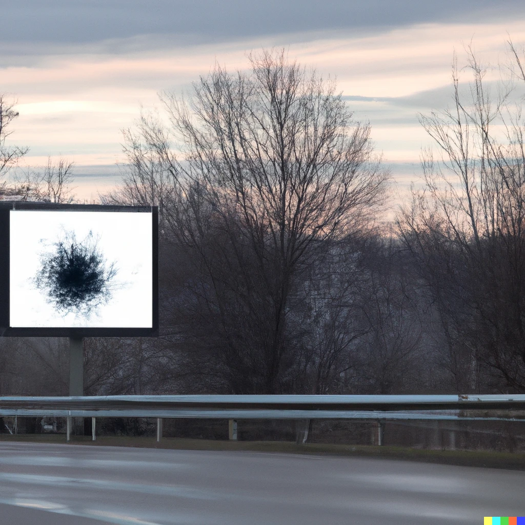Prompt: Billboard at the side of the road with a beautiful image of the Mandelbrot set