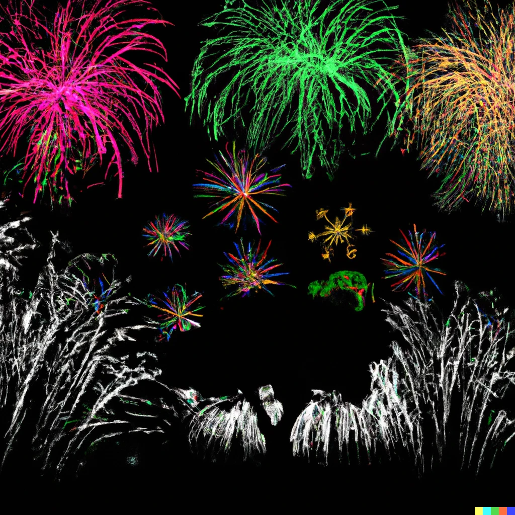 Prompt: Beautiful Mandelbrot set fireworks display, trees and grass in foreground