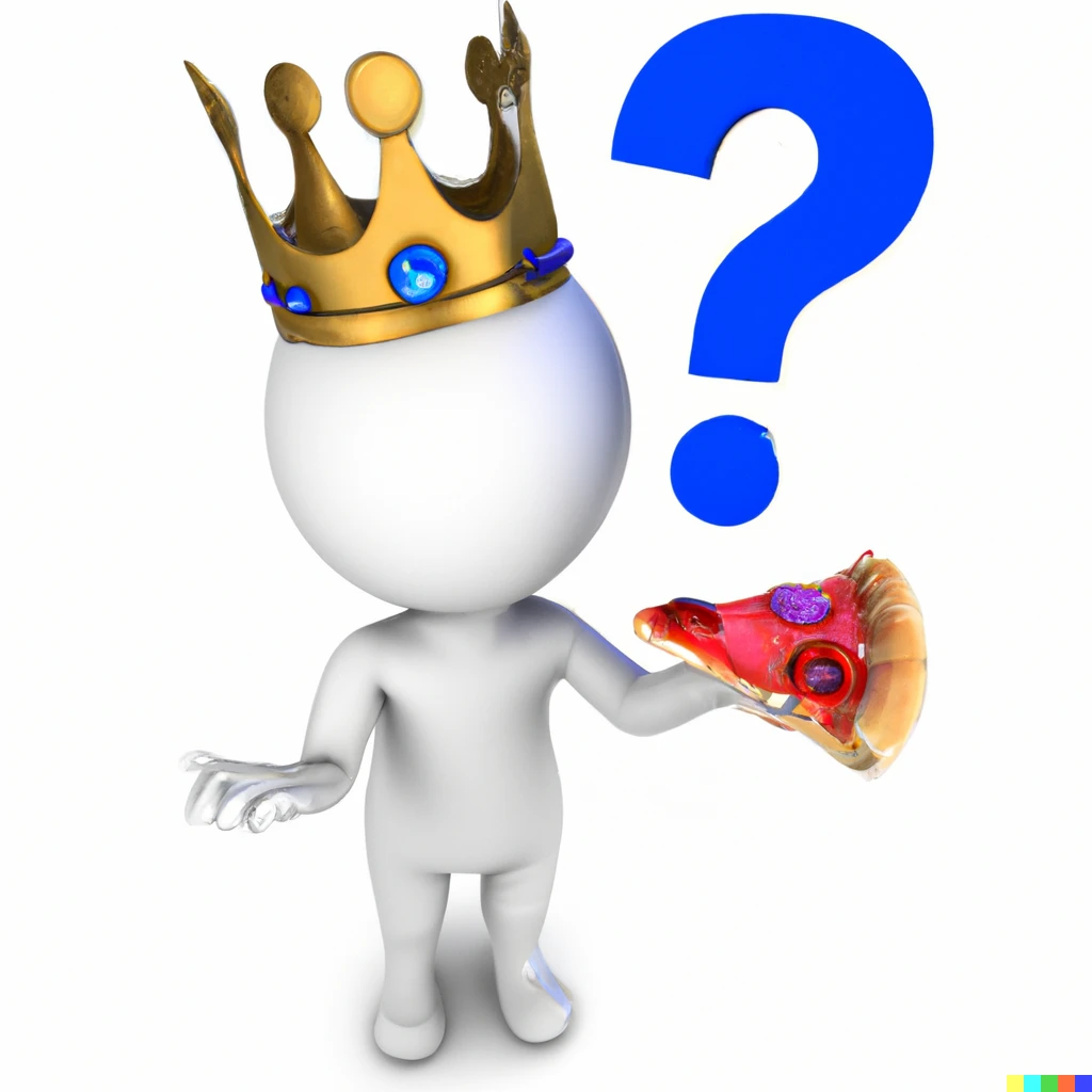 Prompt: 3d render of a white humanoid with a blue question mark wearing a crown and eating pizza, stock photo