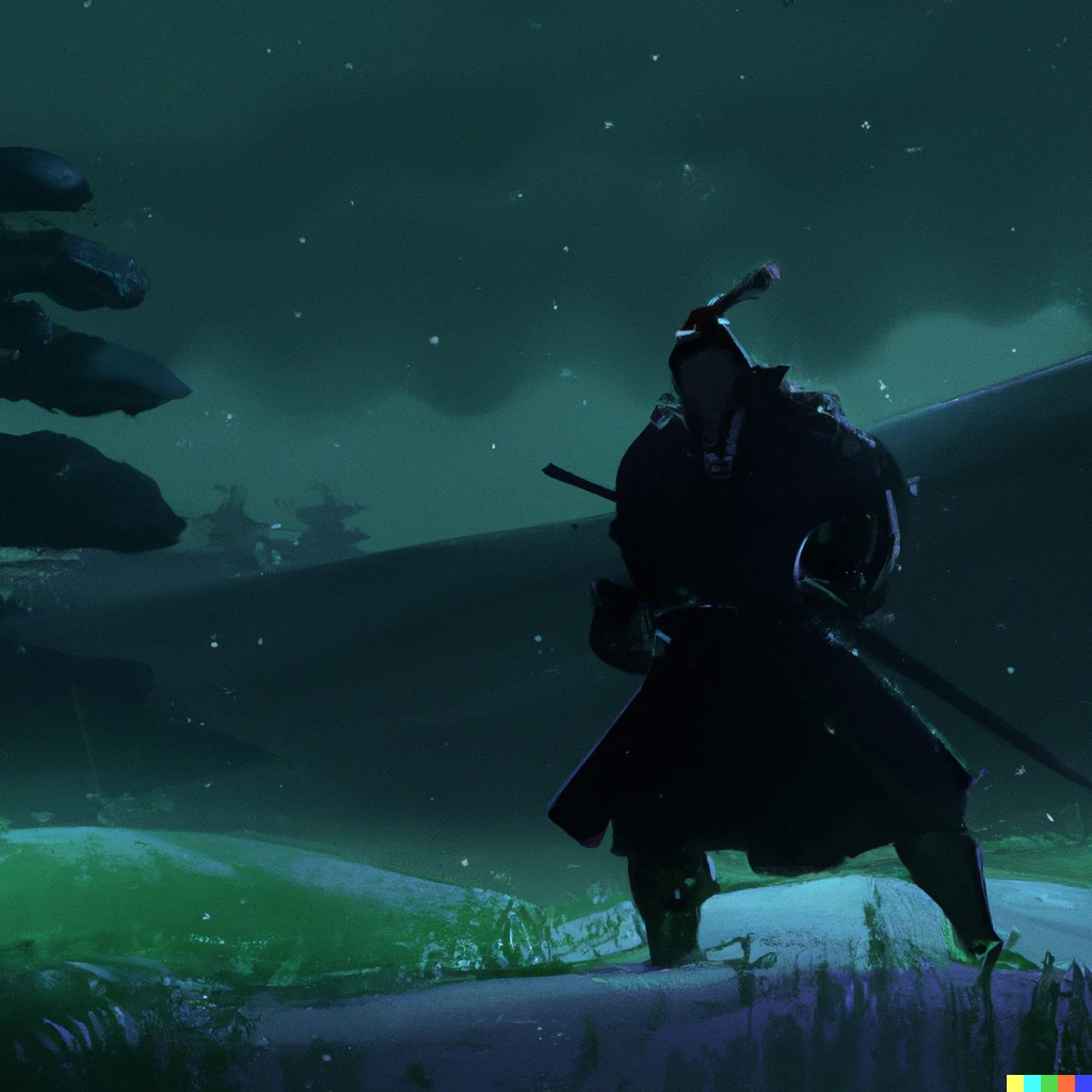 Prompt: "A samurai walking through an open clearing at night, digital art, trending on artstation"