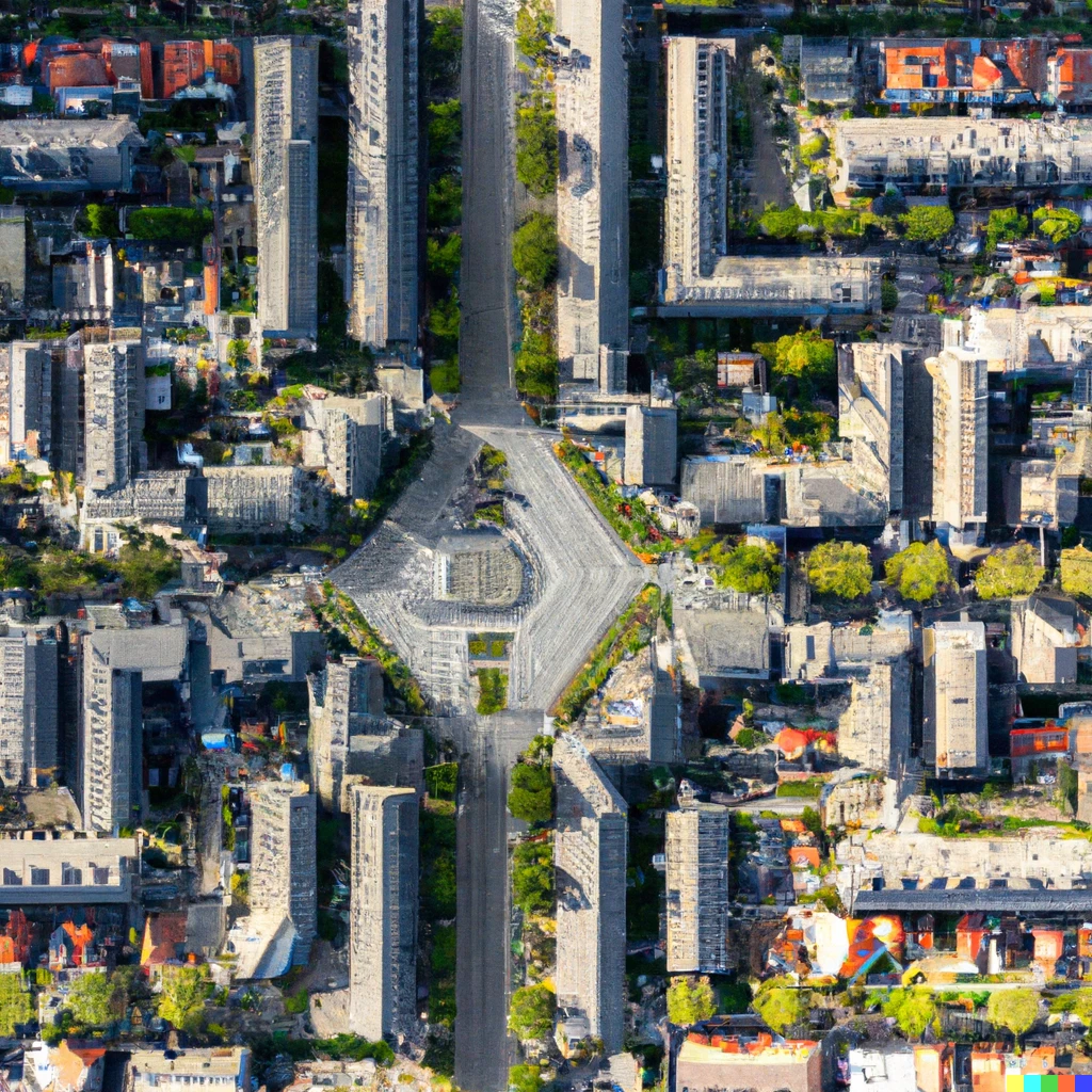 Prompt: Knolling photo of an aerial view of a city