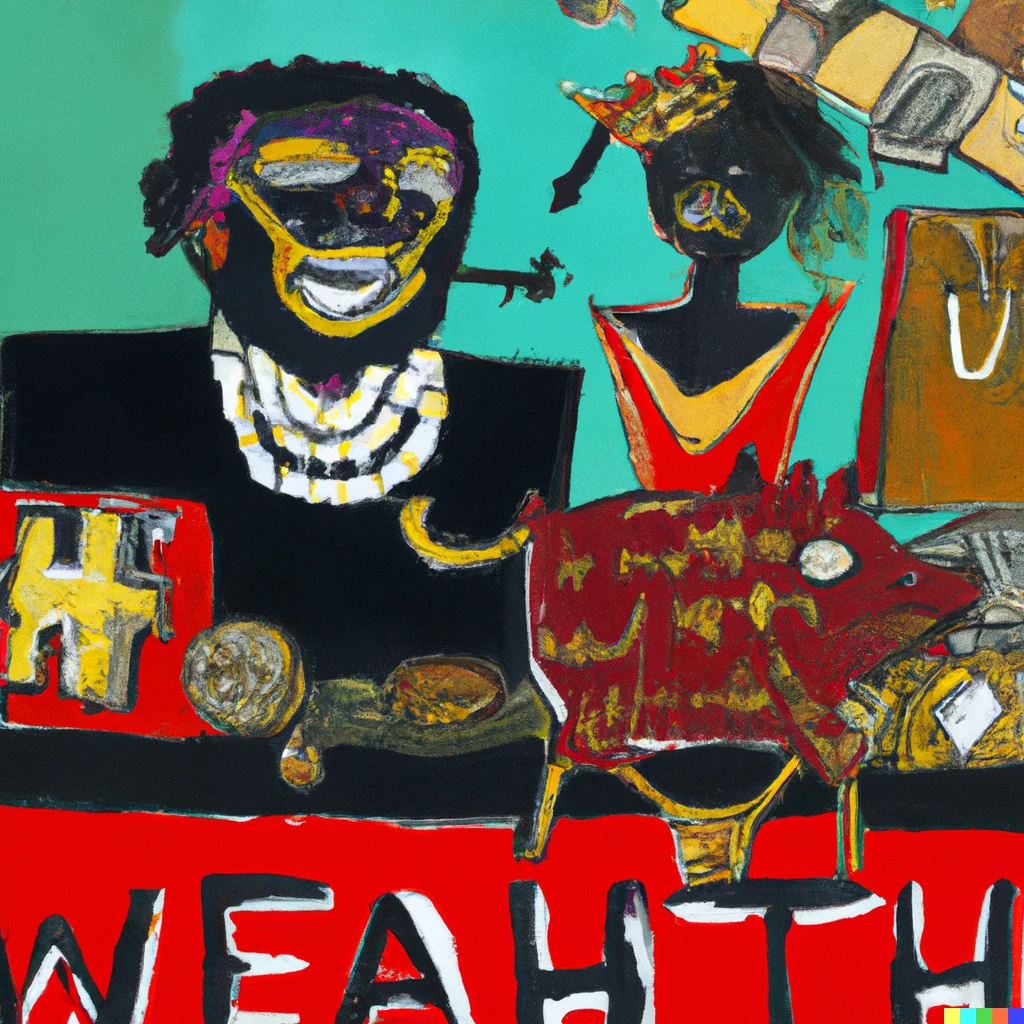 Prompt: An acrylic painting of black wealth in the style of Jean-Michel Basquiat