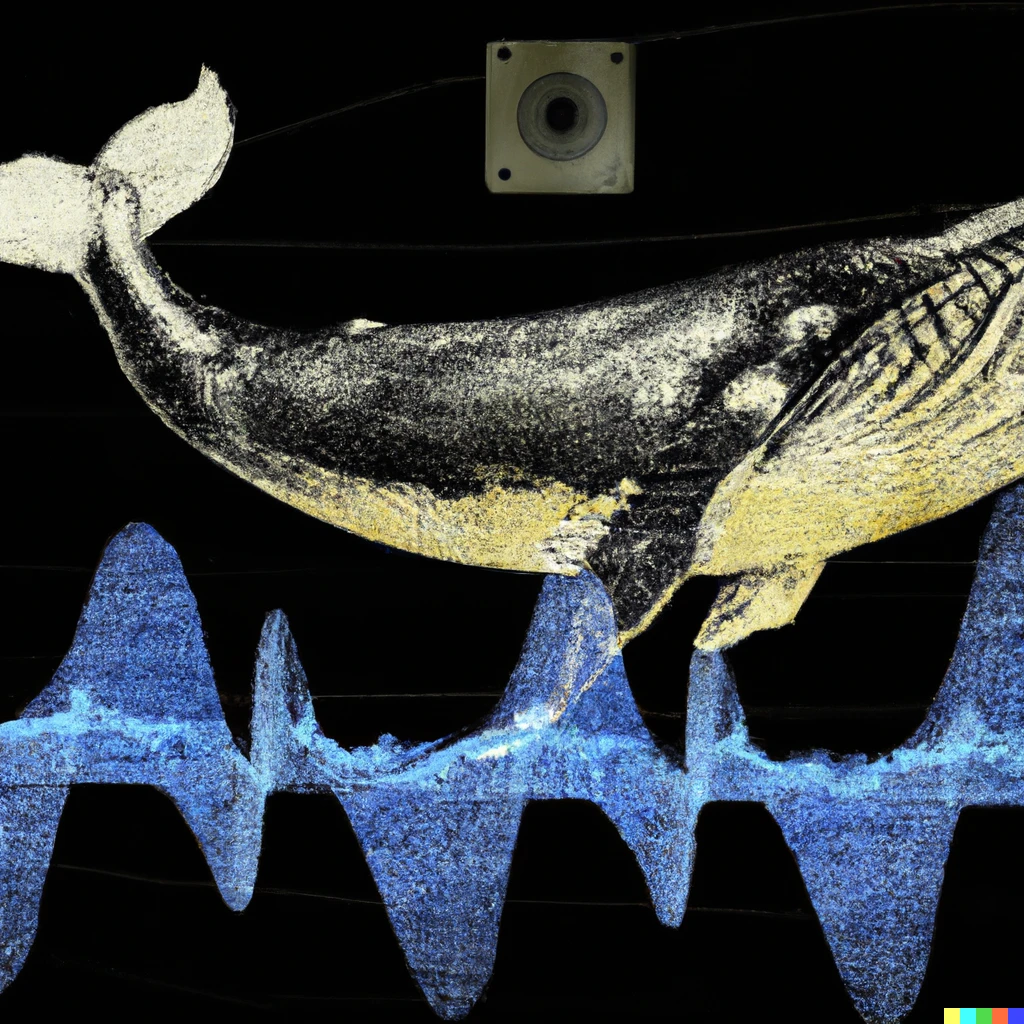 Prompt: a whale floating in front of an audio waveform, that is also in space, picasso