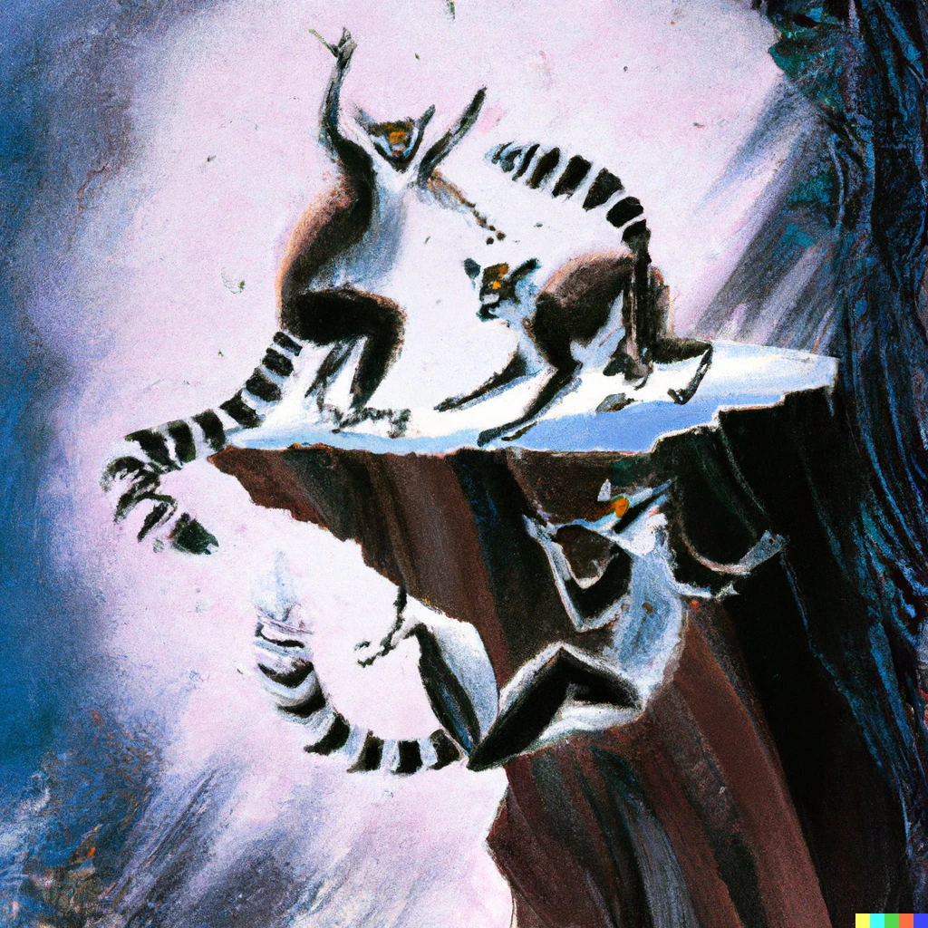 Prompt: a dali style painting of lemurs dancing on the edge of a crystal cliff