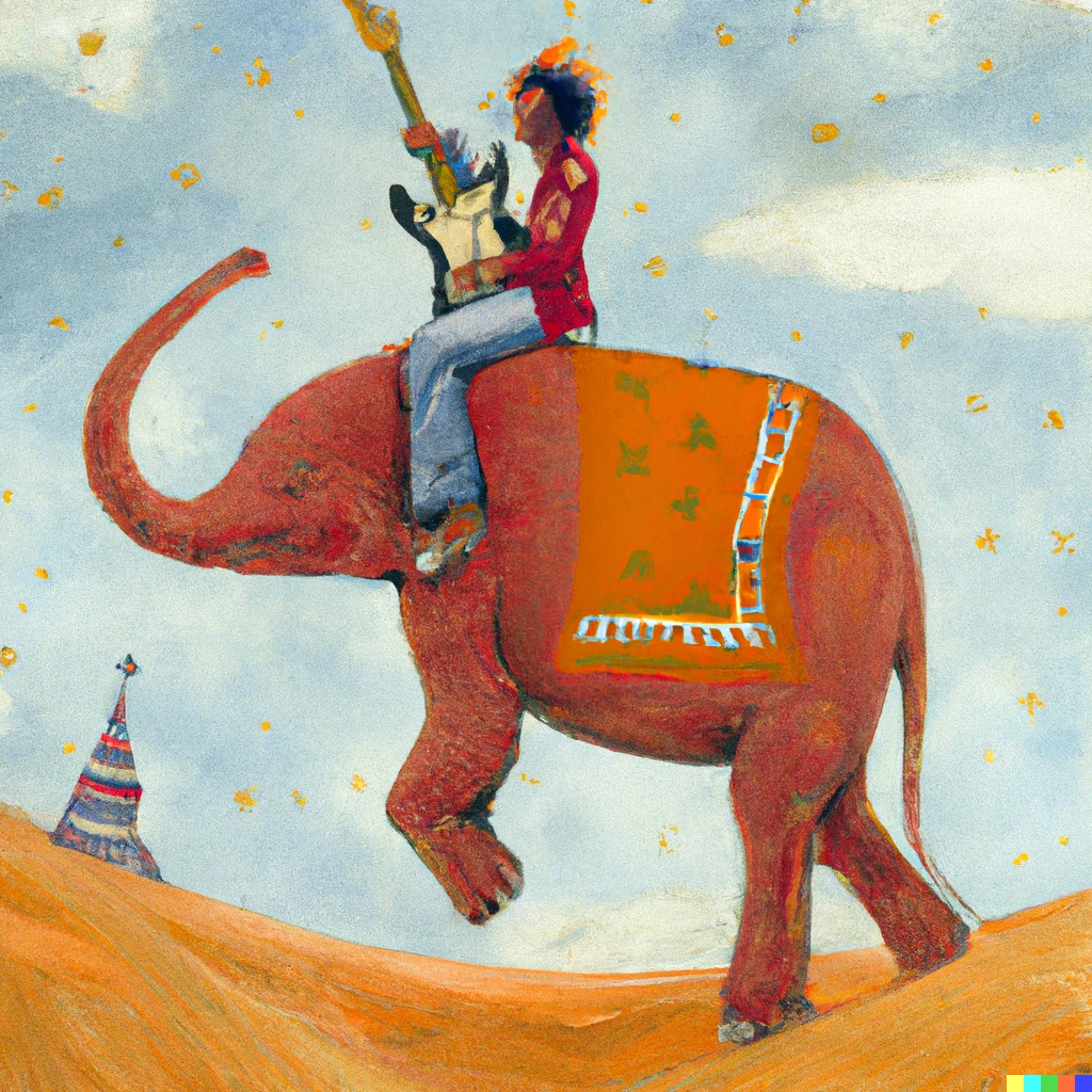 Prompt: Jimi the guitar player riding the back of a circus elephant in the middle of a desert painting