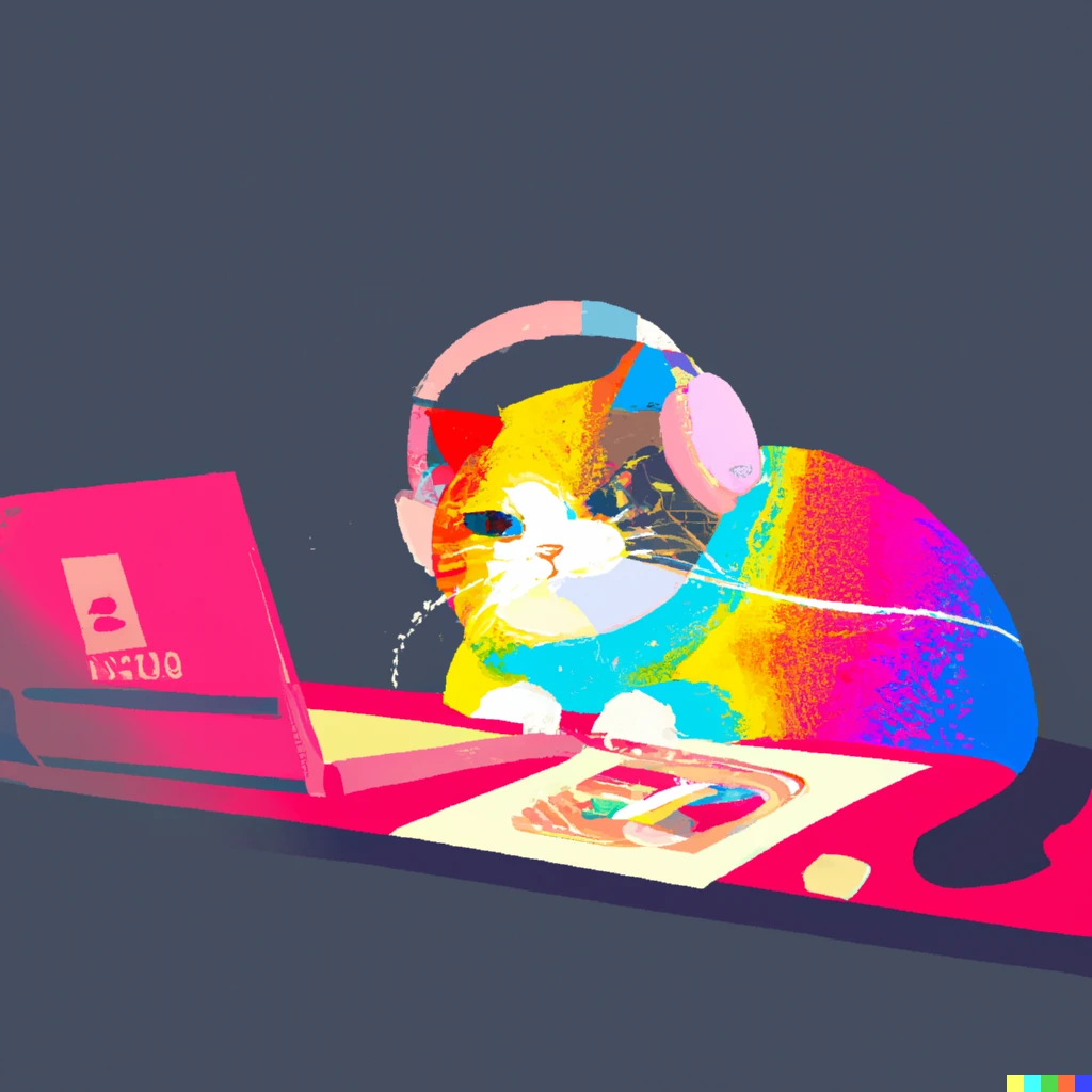 Prompt: Nyan cat with headphones on sitting at a desk and working in the style of lofi hiphop