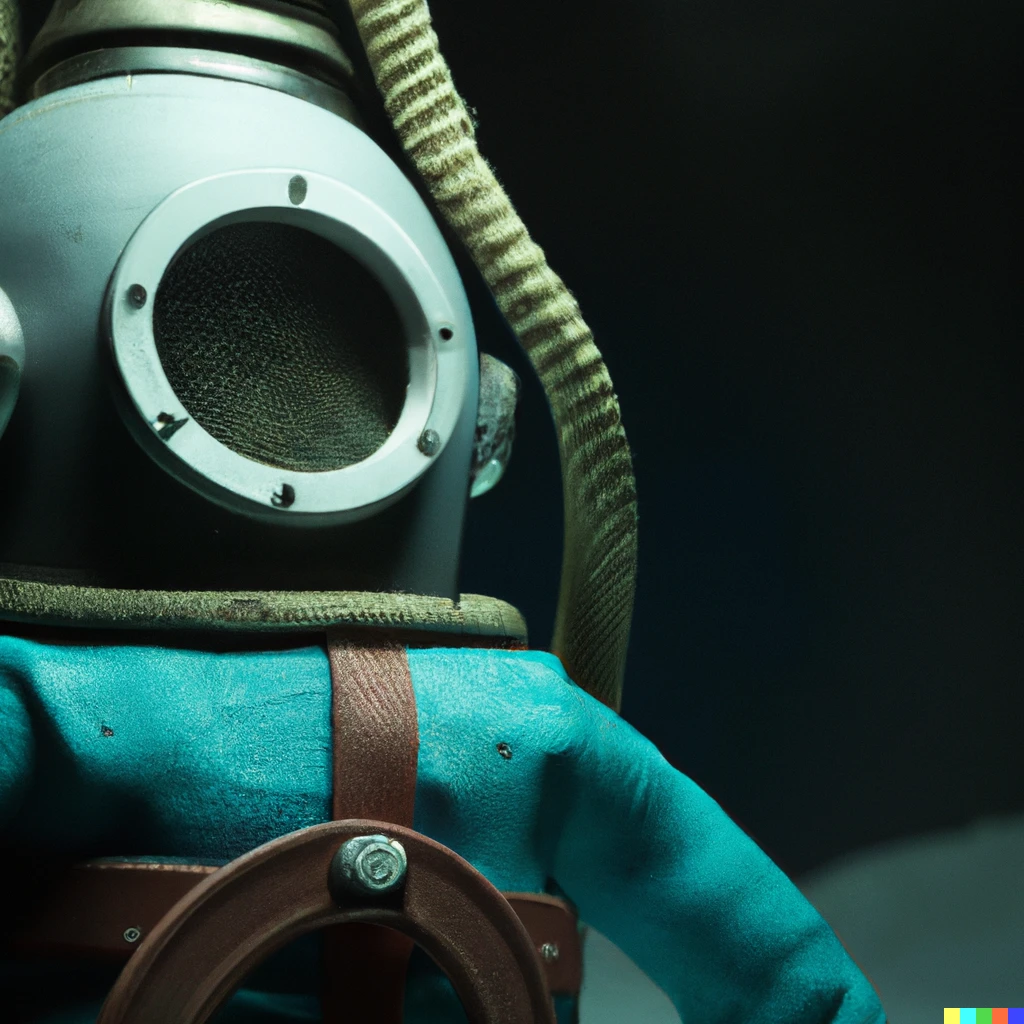 Prompt: claymation art of a old diving suit on the limbo, extremely detailed, industrial lightning