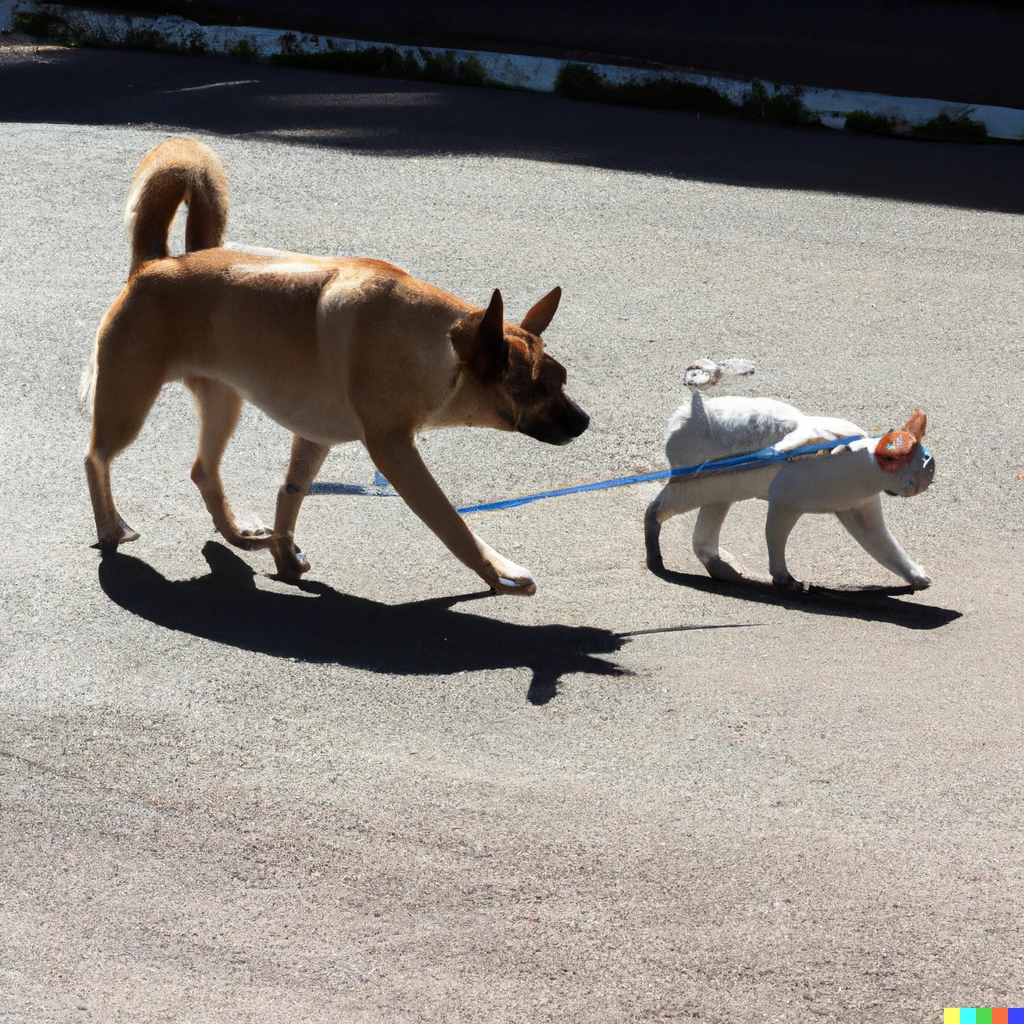 Prompt: A bipedal cat is walking a dog on the street