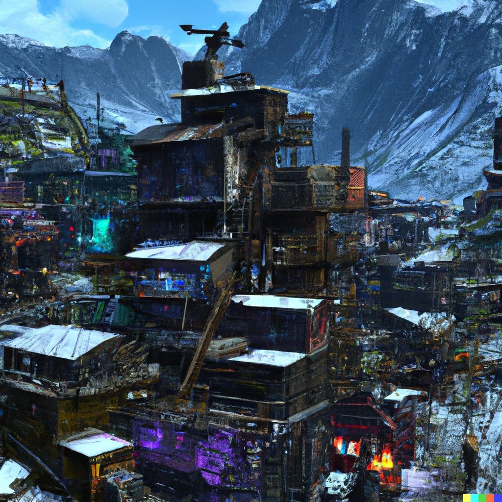 Prompt: Diorama of a cyberpunk village on top of a mountain, realistic, extremely detailed, artstation