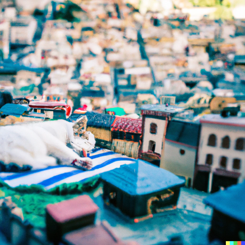 Prompt: photograph of a cat sleeping in the centre of a miniature city