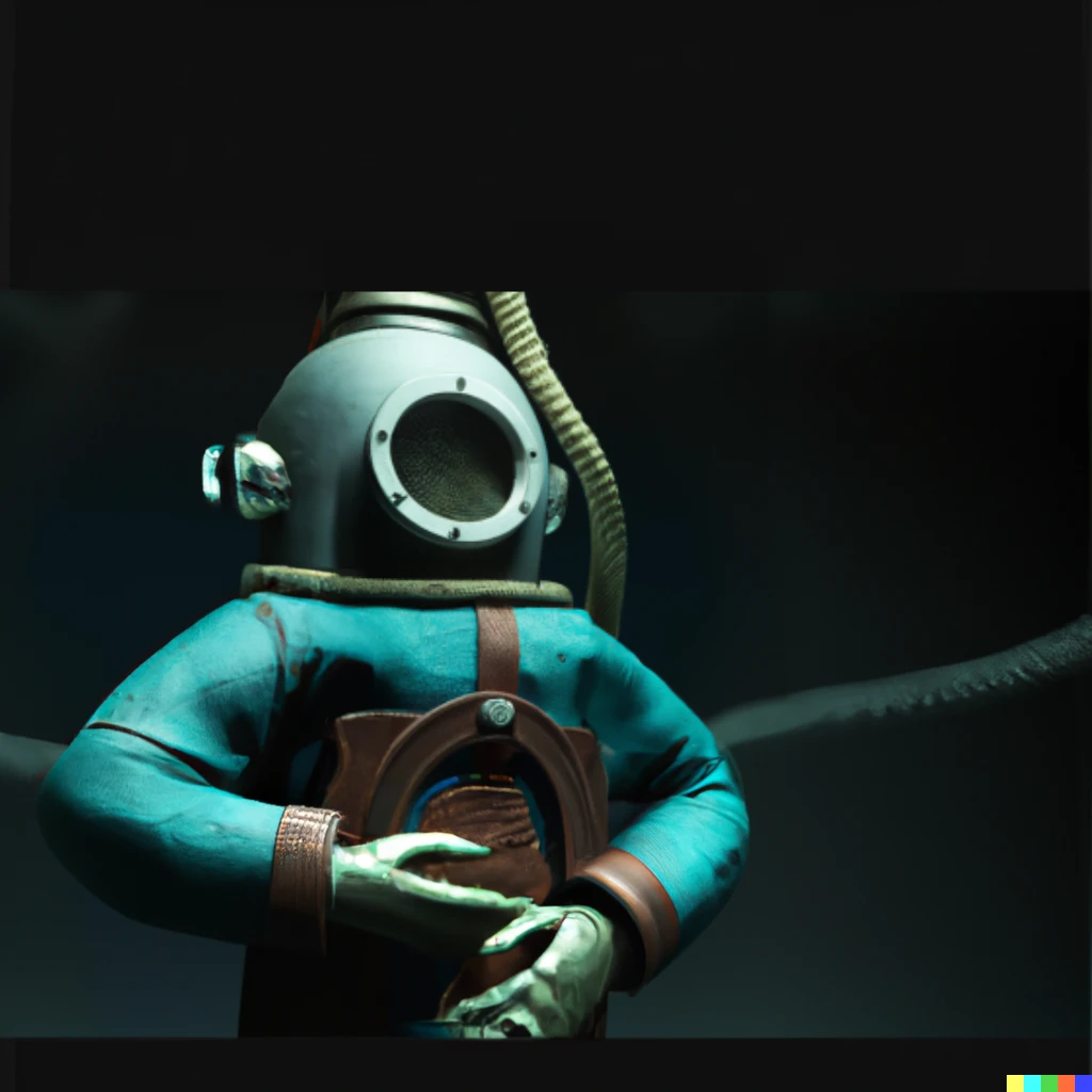Prompt: claymation art of a old diving suit on the limbo, extremely detailed, industrial lightning