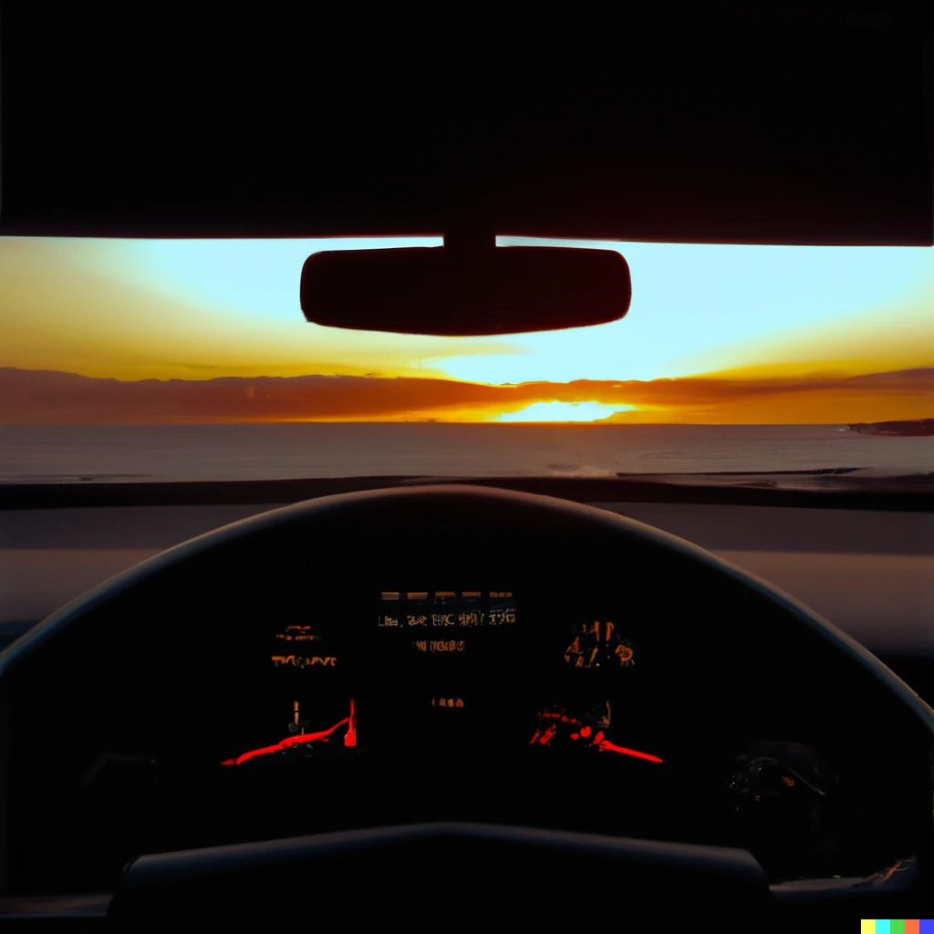 Prompt: A picture of a sunset seen from the interior of an 80s vehicle with a digital dashboard and the ocean in the horizon, beautiful