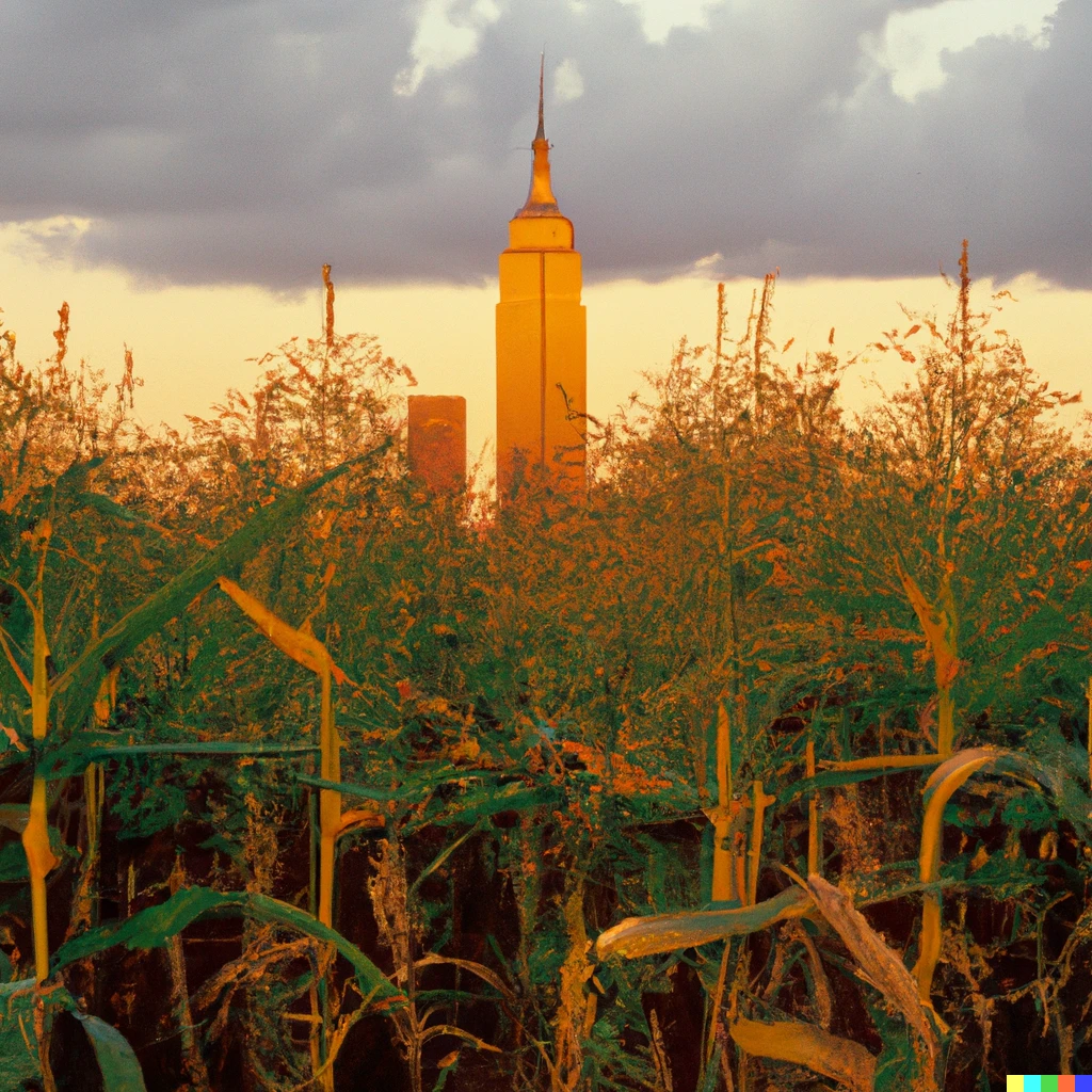 Prompt: the empire state building in a corn field, national geographic photography