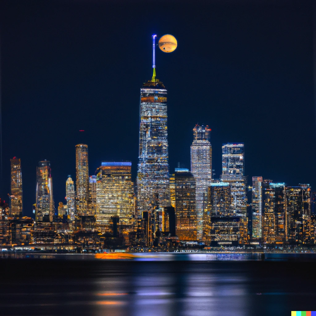 Prompt: lower manhattan with jupiter in the sky, HD skyline photography