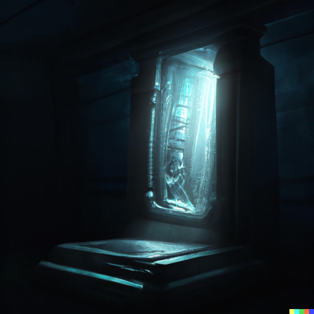 Prompt: An open sarcophagus with a portal to another dimension, digital art, realistic, artstation