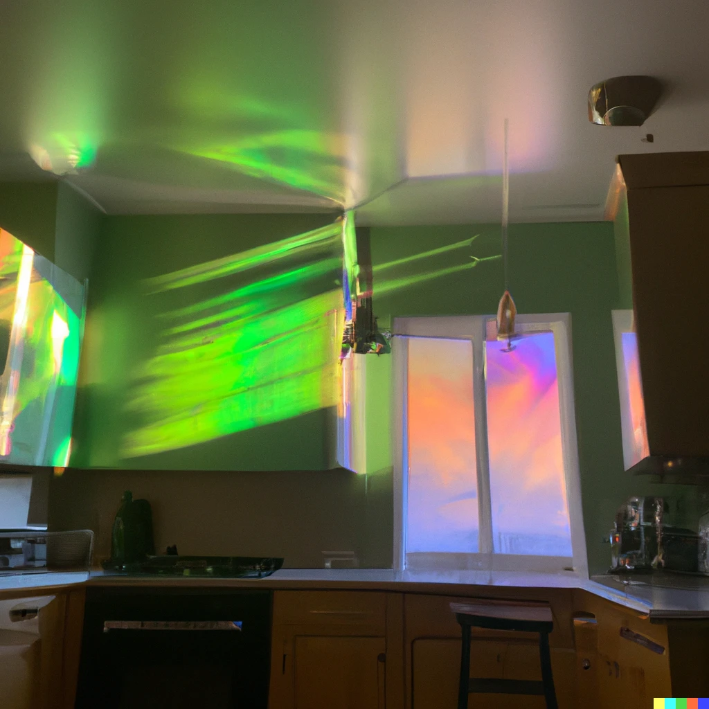 Prompt: Photo of Aurora Borealis lighting up a kitchen during daytime