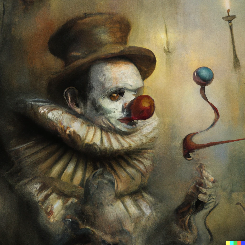 Prompt: A creepy clown painting by Beksinski and Renoir