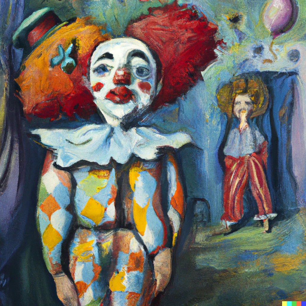 Prompt: Creepy clown painting be Renoir and Beksinski