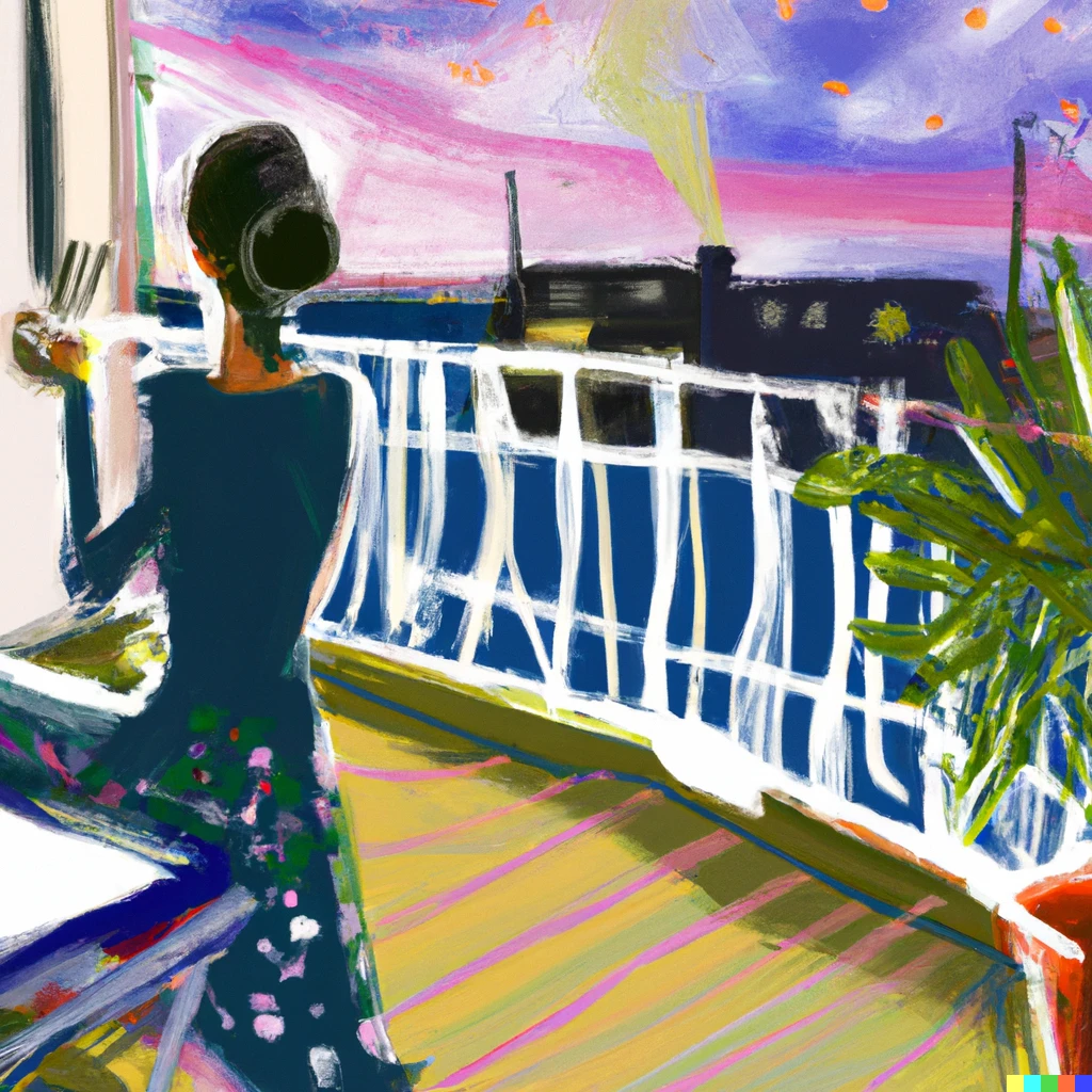 Prompt: Woman sipping tea, in a balcony in Hamburg, looking at the sunset, contemplating the universe, Matisse style painting